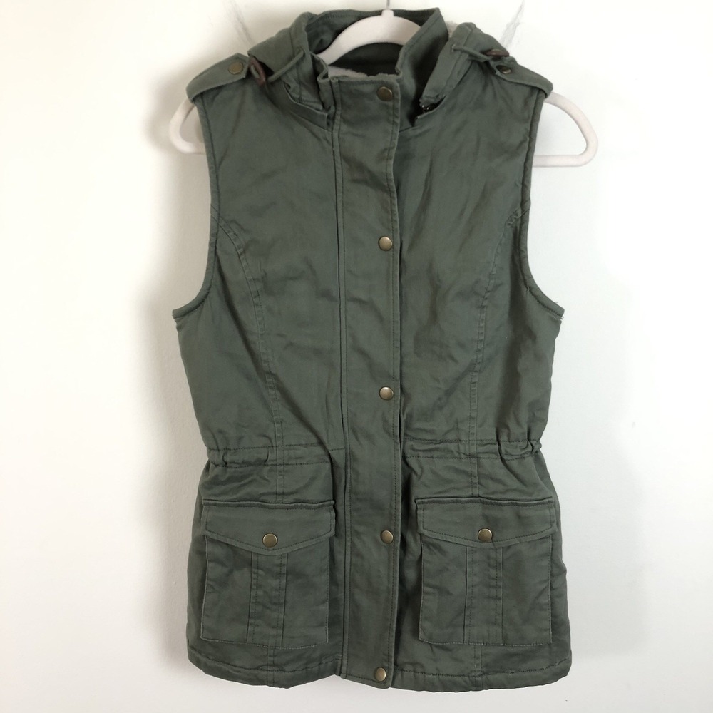 Market & Spruce Jahana Shearling Lined Cargo Hooded Vest Women's Sz S Olive NWT